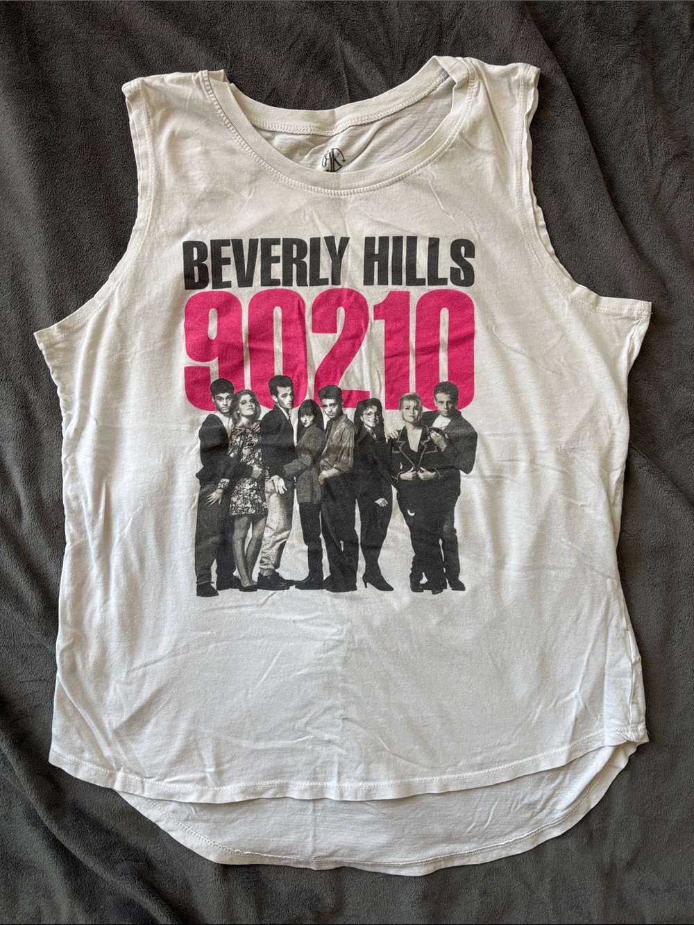 Vintage Recycled Karma White Beverly Hills 90210 Muscle Tee with Pink Print